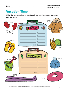 Vacation Time (Add 3-Digit Numbers & Money)