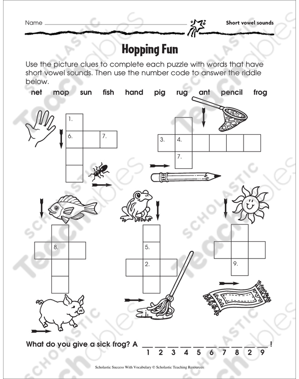 hopping fun short vowel sounds printable skills sheets crossword puzzles