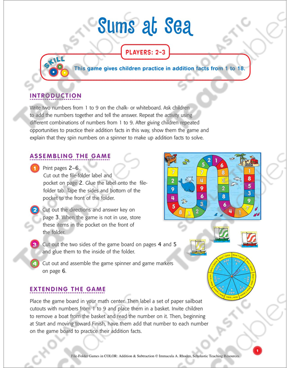Sums at Sea: File-Folder Game (Addition) | Printable File ...