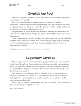 Cryptids (Paired Passages): Reading Homework | Printable ...