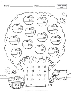 short vowel unk word family tree printable skills sheets