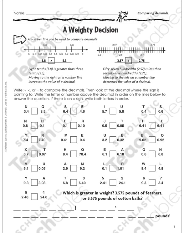A Weighty Decision (Comparing Decimals) | Printable Skills Sheets