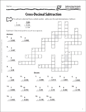 cross decimal subtraction decimals whole numbers printable skills sheets number puzzles
