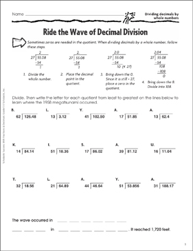 ride the wave of decimal division whole numbers printable skills sheets