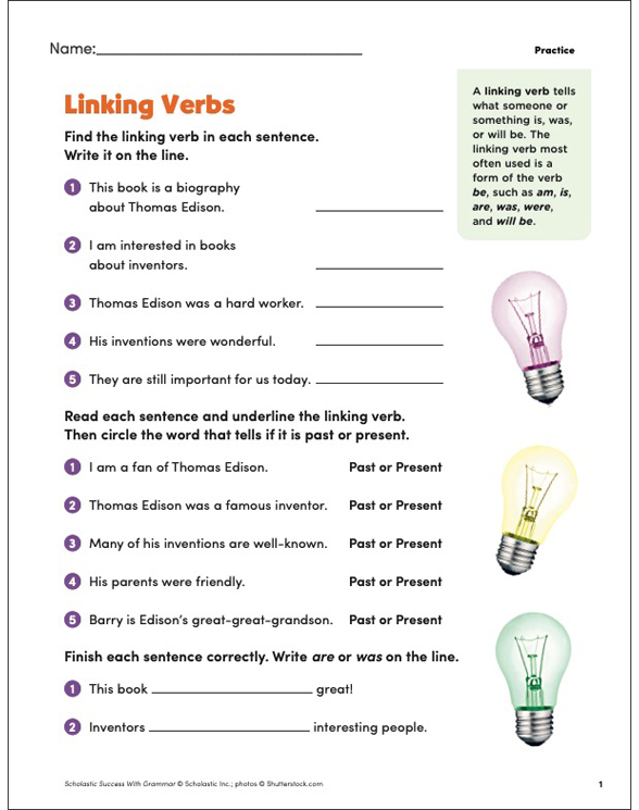 Linking Verbs Fourth Grade