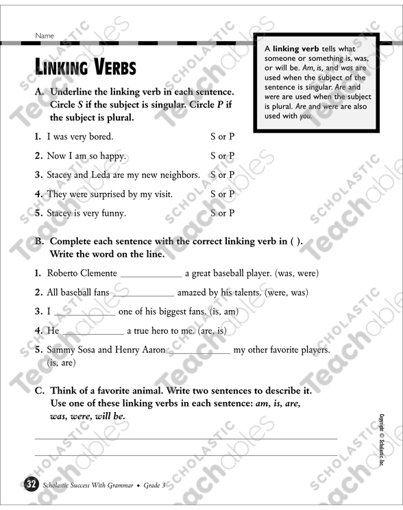 linking verbs grade 3 collection printable leveled