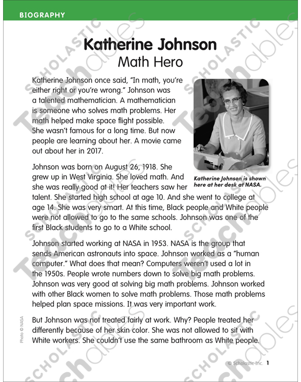 Katherine Johnson: Math Hero | Printable Lesson Plans and Ideas, Skills  Sheets