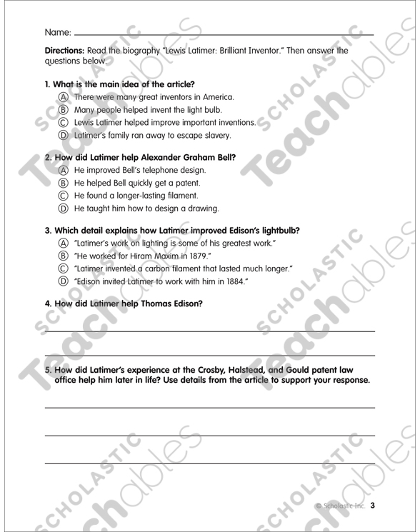 Lewis Latimer: Brilliant Inventor | Printable Lesson Plans ...