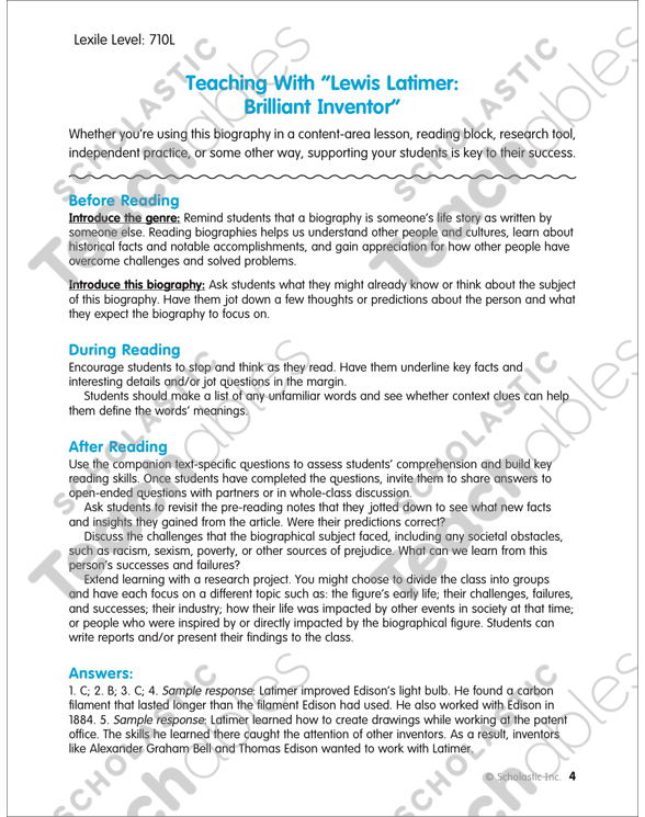 Lewis Latimer: Brilliant Inventor | Printable Lesson Plans ...