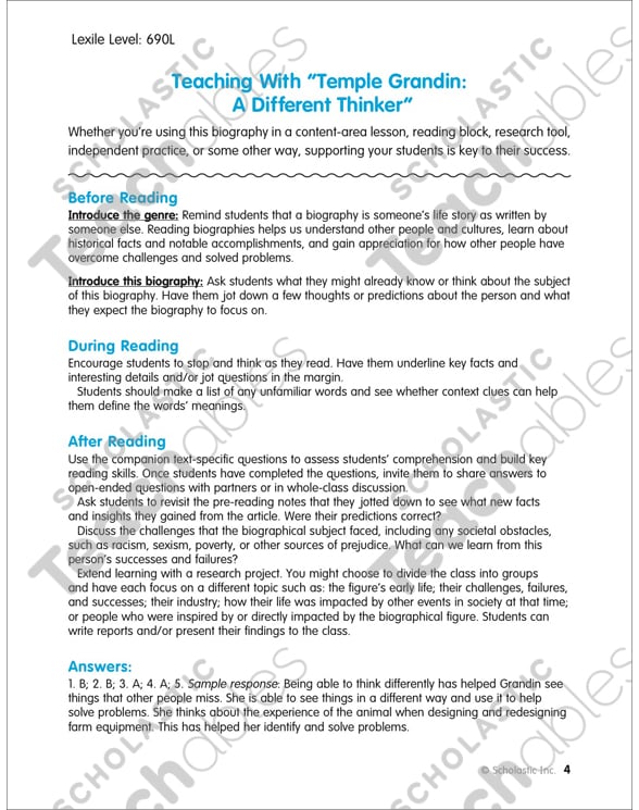 Temple Grandin: A Different Thinker | Printable Lesson Plans ...