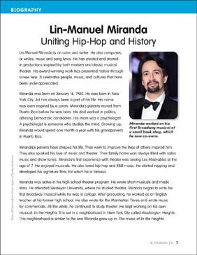Lin Manuel Miranda Uniting Hip Hop and History Printable Lesson Plans and Ideas Skills Sheets