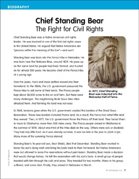 Chief Standing Bear: The Fight for Civil Rights  Printable Lesson Plans and  Ideas, Skills Sheets