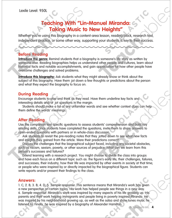 Lin Manuel Miranda Taking Music to New Heights Printable Lesson