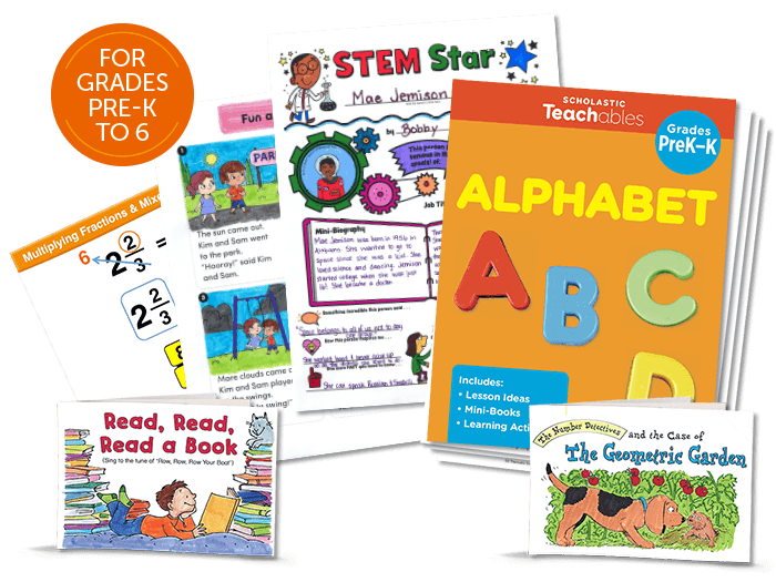 Image of educational resources for reading, writing, science, and early learning.