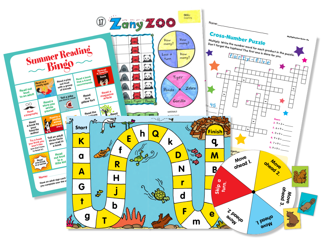 Image of math page, play, mini-book, and activities for the end of the school year