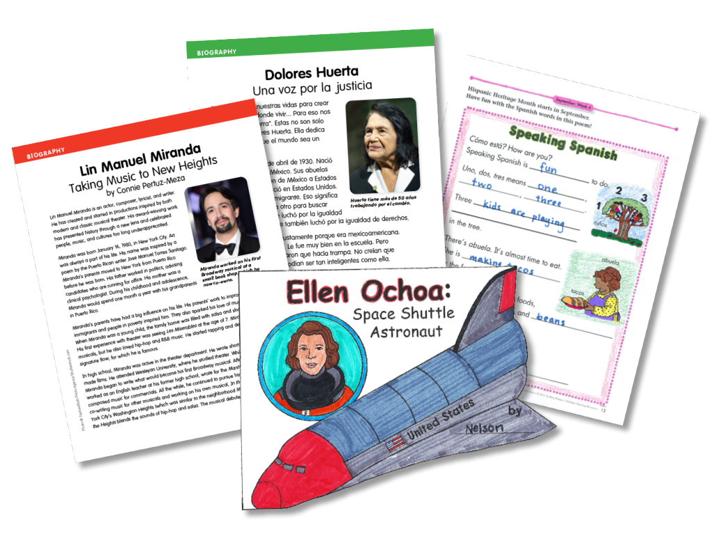 Image of worksheets and texts about Hispanic heritage