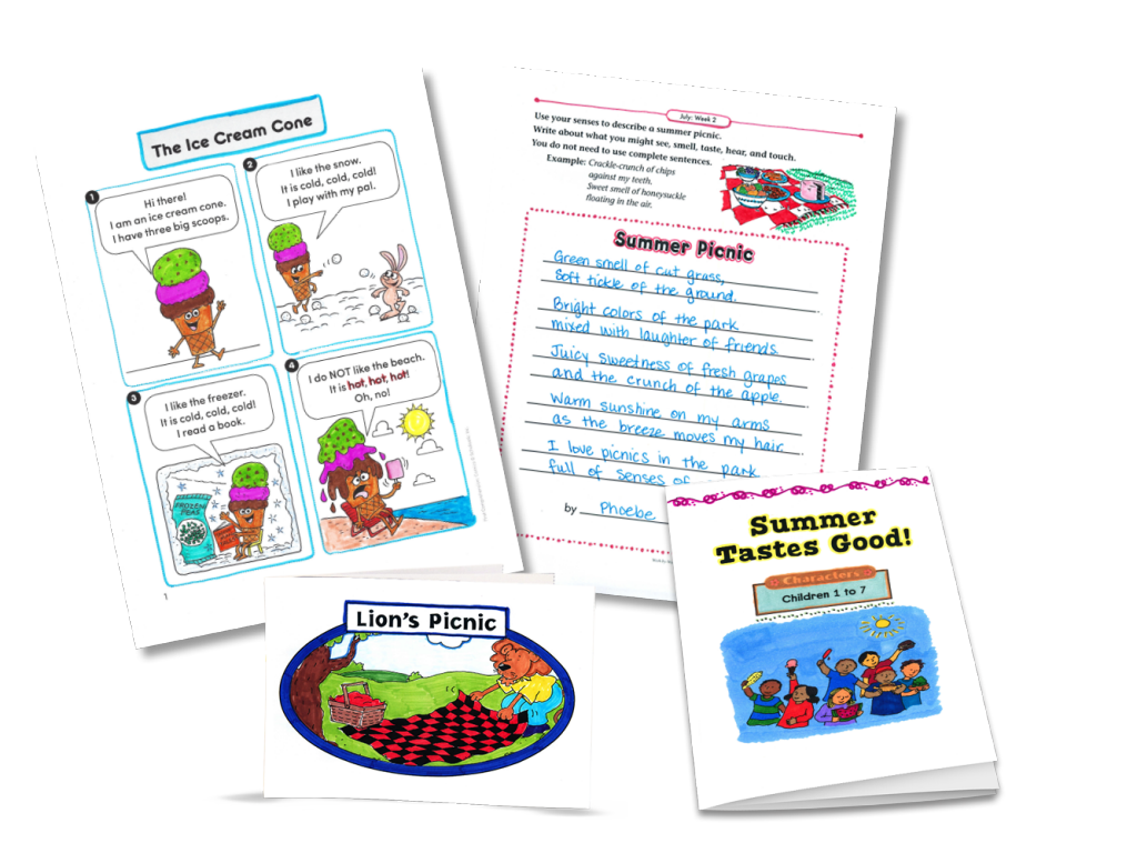Image of printable mini-books, biographies, and worksheets with a summer theme