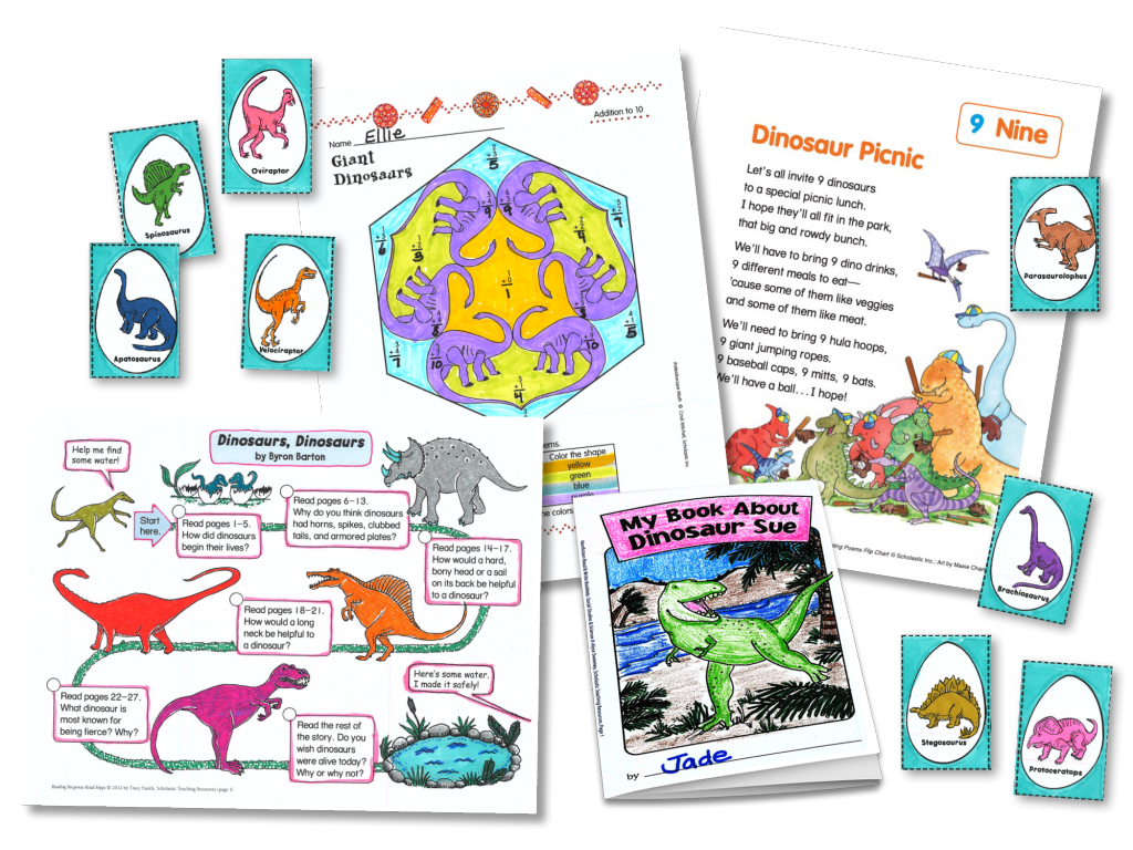Image of printable dinosaur-themed math worksheet, reading materials, and games 