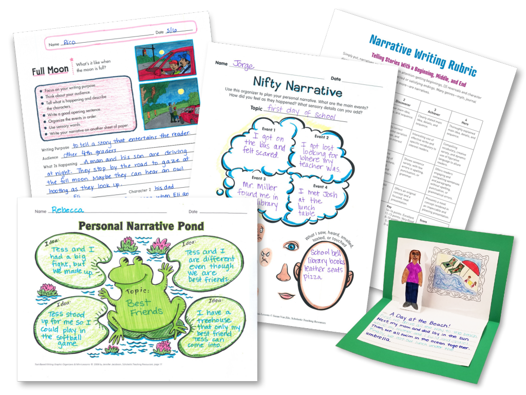 Image of narrative writing lesson, graphic organizers, and craft